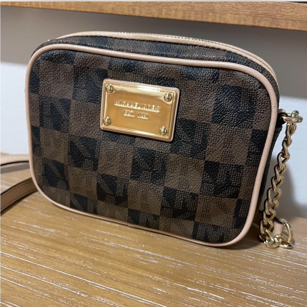 Michael Kors Gold Plaque Brown Checkered Mini Crossbody Bag